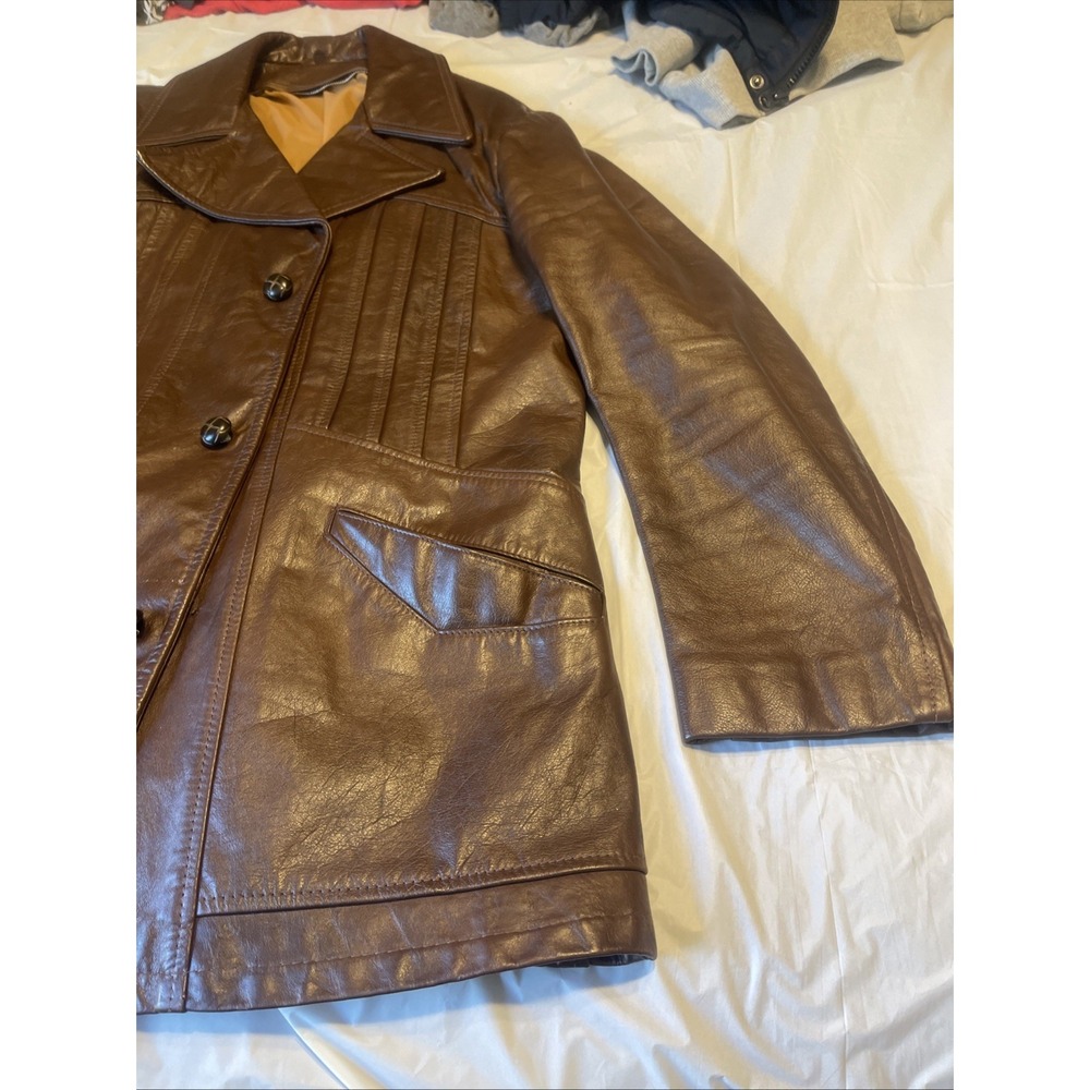 Vintage Men Leather Blazer Size 38 Brown 3 Bottons - Picture 3 of 16